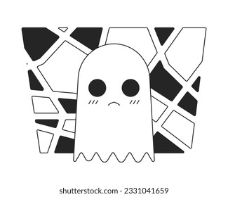 Small white ghost on mosaic background flat monochrome isolated vector object. Editable black and white line art drawing. Simple outline spot illustration for web graphic design