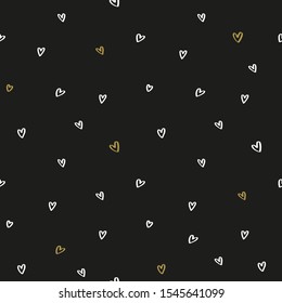 Small white and gold hearts on a black background seamless pattern for Valentine’s day, bridal shower, hen party night decoration, fabric printing, wrapping paper design.