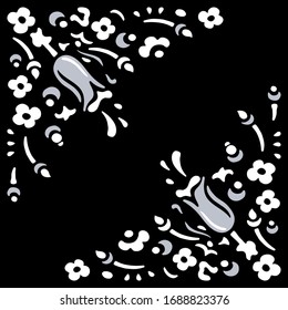 Small white and gray wildflowers on a black background. Black square card. Hand-drawn collection. Vector illustration.