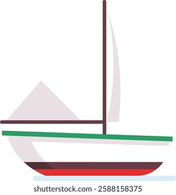 Small white and green sailing boat with a hoisted sail and tall mast, gently floating on calm water, featuring a simple flat design illustration that evokes a sense of leisure and adventure