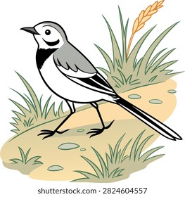Small white and grey wagtail bird foraging on ground, garden landscape illustration, nature background with greenery, wild avian drawing, flat style wildlife.