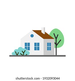 Small white house, isolated vector flat cartoon house. Cute children icon illustration.