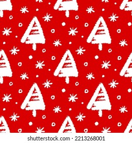 Small white ink Christmas trees and snowflakes isolated on red background. Cute monochrome festive seamless pattern. Vector simple flat graphic hand drawn illustration. Texture.