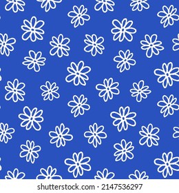 Small white ink contour linear flowers isolated on blue background. Cute monochrome floral seamless pattern. Vector simple flat graphic hand drawn illustration. Texture.