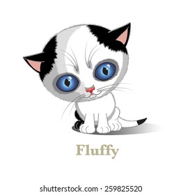 Small white kitten with big blue eyes, looking for the friends. Her name is Fluffy. Vector Illustration.