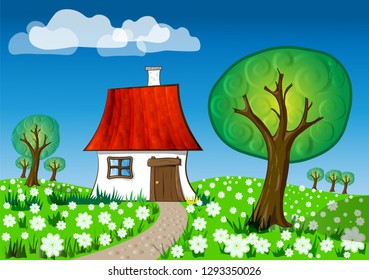 Small white lodge with a tile roof and a wooden door on the meadow covered white flowers. Accurate trees and white clouds in the sky. Atmosphere of spring.