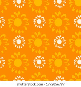 Small white and middle yellow flowers on herbal pattern. Orange background. Great for fabric, textile, wrapping paper, wallpaper. Vector illustration.