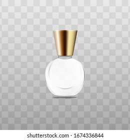 Frasco pequeño de perfume blanco con tapa dorada - mochila en blanco realista para la marca. Recipiente moderno de fragancia de vidrio en forma geométrica redondeada. Ilustración vectorial aislada.