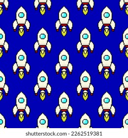 Small white pixel space rockets isolated on a blue background. Cute seamless pattern. Vector simple flat graphic illustration. Texture.