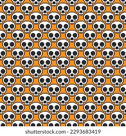 Small white pixelated skulls isolated on orange background. Seamless pattern. Vector simple flat graphic illustration. Texture.