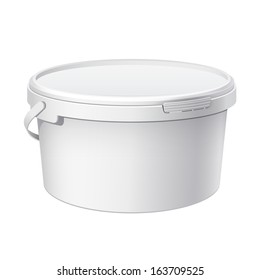 Small White plastic bucket with White lid. Product Packaging For food, foodstuff or paints, adhesives, sealants, primers, putty. Vector illustration