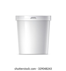 Small White plastic bucket with lid. Product Packaging For food, foodstuff or paints, adhesives, sealants, primers, putty. Vector illustration