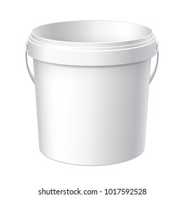 Small White plastic bucket. Product Packaging For food, foodstuff or paints, adhesives, sealants, primers, putty. Vector illustration