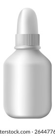 Small white plastic medical bottle with dispensing nozzle cap standing on white background is a perfect mockup for nasal spray, eye drops, tincture or other medicine