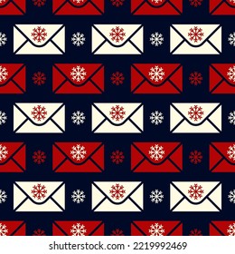Pequeños sobres blancos y rojos y copos de nieve aislados en un fondo azul oscuro. Un lindo patrón de Navidad sin fisuras. Ilustración gráfica plana vectorial simple. Textura.