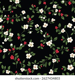 Small white and red flowers on a black background, with green leaves, tiny flower seamless pattern vector illustration, doodle summer, kids and baby designs for print fabric.