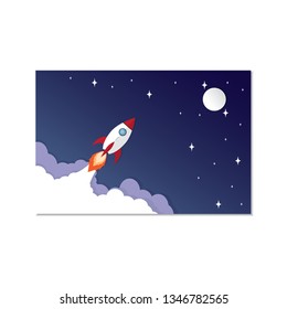 A small white and red rocket in the night sky, the concept traveling or combining technological advance Vector art and illustrations.