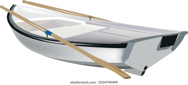 Small white rowing boat with wooden oars resting on a plain white background