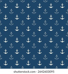Small white ship anchors isolated on blue background. Monochrome seamless pattern. Vector simple flat graphic illustration. Texture.