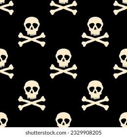 Small white skulls and crossbones isolated on black background. Monochrome seamless pattern. Vector simple flat graphic illustration. Texture.