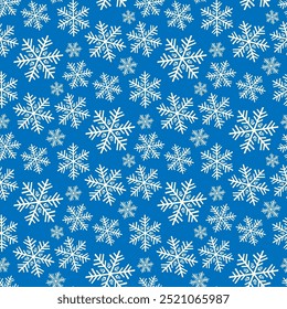 Pequeños copos de nieve blancos aislados sobre fondo azul. Lindo patrón monocromático sin costuras. Vector simple plano gráfico dibujado a mano ilustración. Textura.