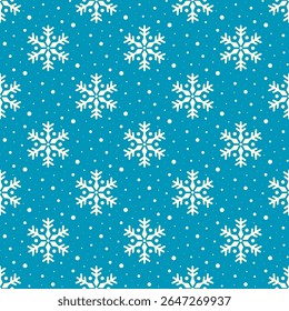 Small white snowflakes isolated on blue green background. Cute monochrome seamless pattern. Vector simple flat graphic illustration. Texture.
