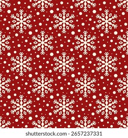 Pequeños copos de nieve blancos aislados sobre fondo rojo. Patrón monocromático sin costuras. Vector simple ilustración gráfica plana. Textura.