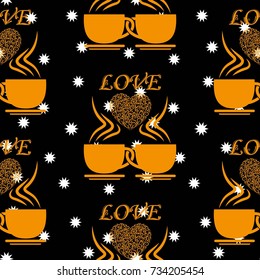 Small white snowflakes on a black background. Valentine's Day, the human heart, love Background texture.  Endless abstract pattern.