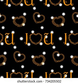 Small white snowflakes on a black background. Valentine's Day, the human heart, love Background texture.  Endless abstract pattern.