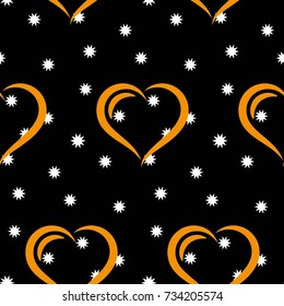 Small white snowflakes on a black background. Valentine's Day, the human heart, love Background texture.  Endless abstract pattern.