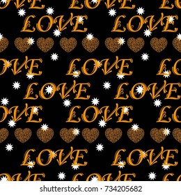 Small white snowflakes on a black background. Valentine's Day, the human heart, love Background texture.  Endless abstract pattern.
