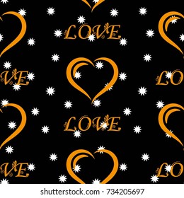 Small white snowflakes on a black background. Valentine's Day, the human heart, love Background texture.  Endless abstract pattern.