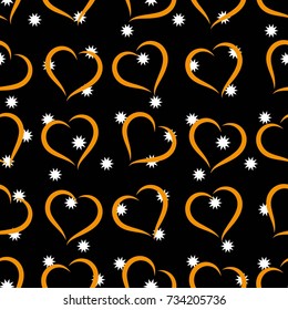Small white snowflakes on a black background. Valentine's Day, the human heart, love Background texture.  Endless abstract pattern.