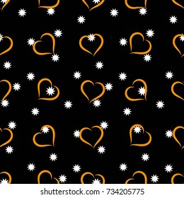Small white snowflakes on a black background. Valentine's Day, the human heart, love Background texture.  Endless abstract pattern.