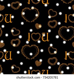 Small white snowflakes on a black background. Valentine's Day, the human heart, love Background texture.  Endless abstract pattern.