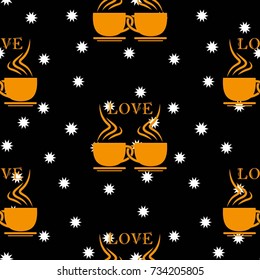 Small white snowflakes on a black background. Valentine's Day, the human heart, love Background texture.  Endless abstract pattern.