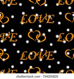 Small white snowflakes on a black background. Valentine's Day, the human heart, love Background texture.  Endless abstract pattern.