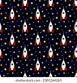 Small white space rockets and yellow stars isolated on a dark blue background. Cute seamless pattern. Vector simple flat graphic illustration. Texture.