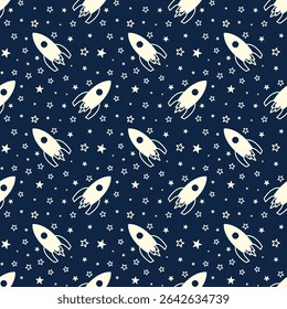 Small white spaceships and stars isolated on dark blue background. Cute monochrome seamless pattern. Vector simple flat graphic illustration. Texture.
