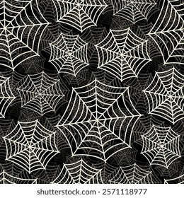 Small white spider webs isolated on dark black background. Monochrome seamless pattern. Vector simple flat graphic illustration. Texture.