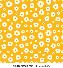 Small white star michaelmas flower blossom random repeat seamless floral pattern yellow background


