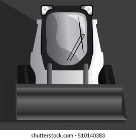 Small white steer skid loader front view heavy construction equipment vector on grey background