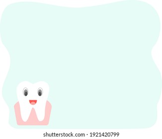 Pequeño diente blanco en goma con sonrisa en fondo azul con espacio para tu texto.Les enseñamos a los niños a cepillarse los dientes.Higiene de la cavidad oral.Cartel o banner para el dentista.Ilustración.Vector.Copiar espacio