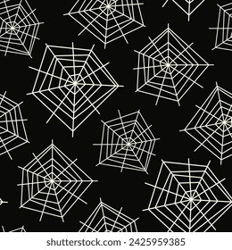 Small white webs isolated on a dark black background. Monochrome seamless pattern. Vector simple flat graphic illustration. Texture.