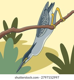 Small wild bird perching face-down on a tree branch surrounded by green foliage, cartoon vector illustration