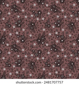 Small wild flowers, brown tones, hand drawn, seamless pattern. on a light brown background Design ideas for fabric, textiles, gift wrap, wallpaper.
