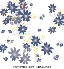 Small Wildflowers. Cute Small Daisies on White Background. Vector Texture for Banner, Cover, Print. Trendy Natural Ground in Vintage Style.
