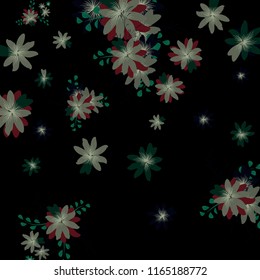 Small Wildflowers. Cute Small Daisies on Black Background. Vector Texture for Print, Card, Poster. Trendy Natural Ground in Vintage Style.