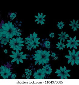 Small Wildflowers. Cute Little Daisies on Black Background. Vector Texture for Banner, Cover, Poster. Trendy Natural Ground in Vintage Style.