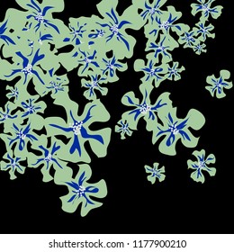 Small Wildflowers. Cute Little Violets on Black Background. Vector Texture for Paper, Cover, Print. Trendy Natural Ground in Vintage Style.